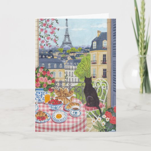 Paris Balcony Cat Breakfast Eiffel Tower Greeting カード (正面)