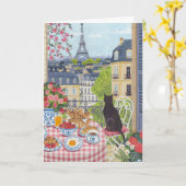 Paris Balcony Cat Breakfast Eiffel Tower Greeting カード (黄色い花)