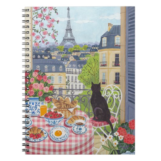 Paris Balcony Cat Breakfast Eiffel Tower Notebook ノートブック (正面)