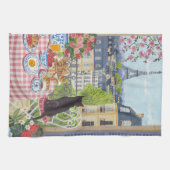 Paris Balcony Cat Breakfast Eiffel Tower Tea Towel キッチンタオル (横)