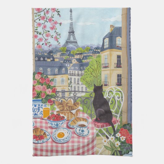 Paris Balcony Cat Breakfast Eiffel Tower Tea Towel キッチンタオル (縦)