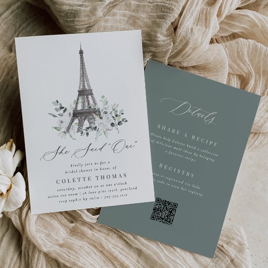 Paris Bloom | Eiffel Tower QR Code Bridal Shower 招待状