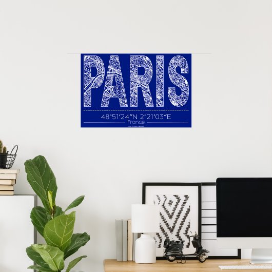 Paris Blueprint Typography Map Poster – Horizontal ポスター (ホームオフィス)