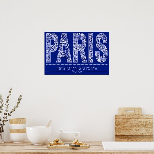 Paris Blueprint Typography Map Poster – Horizontal ポスター (キッチン)