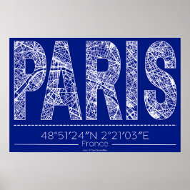 Paris Blueprint Typography Map Poster – Horizontal ポスター