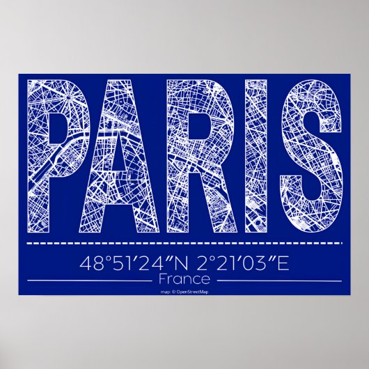 Paris Blueprint Typography Map Poster – Horizontal ポスター (正面)