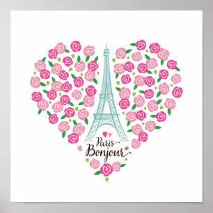 Paris Bonjour Floral Heart ポスター
