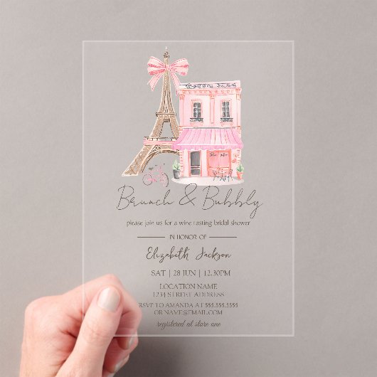 Paris Cafe  Pink Striped Brunch and Bubbly アクリル招待状 (インサイチュ (ポータブル))
