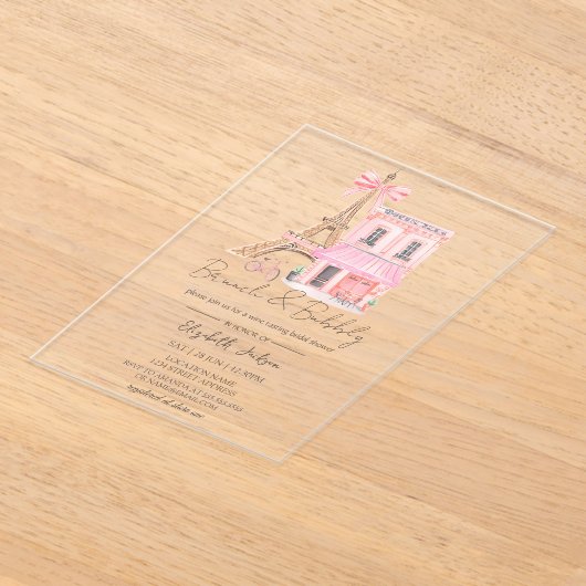 Paris Cafe  Pink Striped Brunch and Bubbly アクリル招待状 (レイダウン)