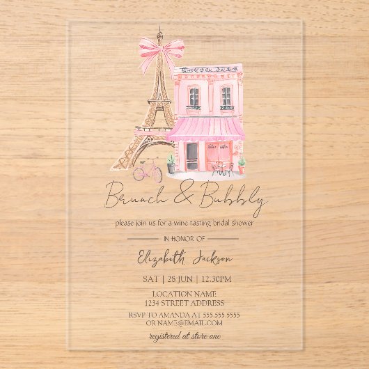 Paris Cafe Pink Striped Brunch and Bubbly アクリル招待状 (正面)