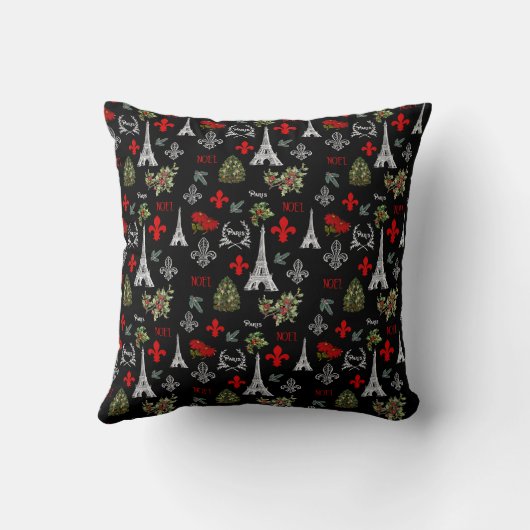 Paris Christmas Eiffel Tower Black Throw Pillow クッション (裏面)