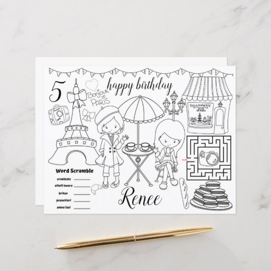 Paris Eiffel activity color sheet placemats (正面/裏面インサイチュ)