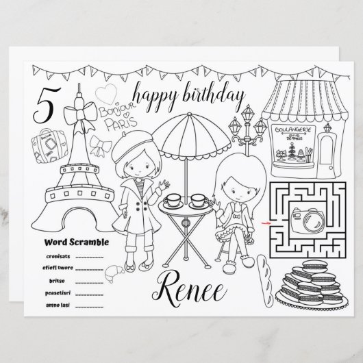 Paris Eiffel activity color sheet placemats (正面/裏面)