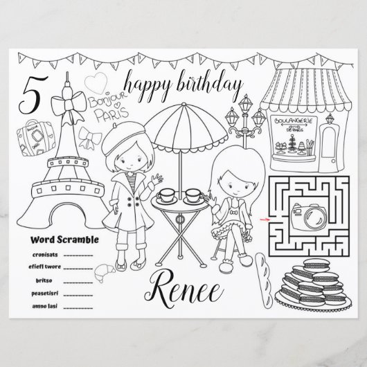 Paris Eiffel activity color sheet placemats (正面)