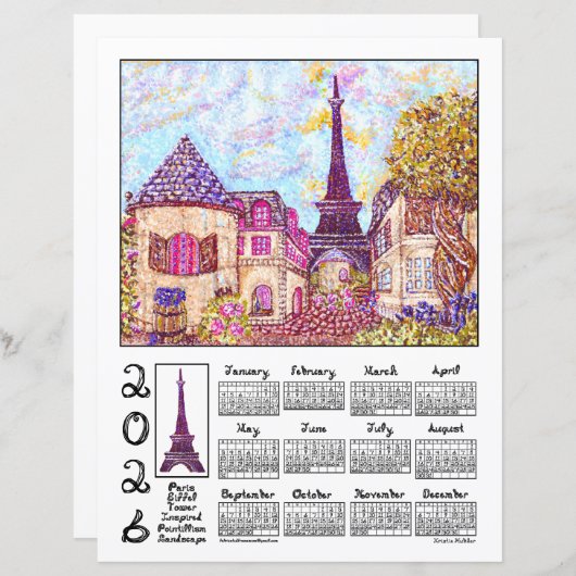 Paris Eiffel Pointillism Landscape 2026 Calendar (正面/裏面)