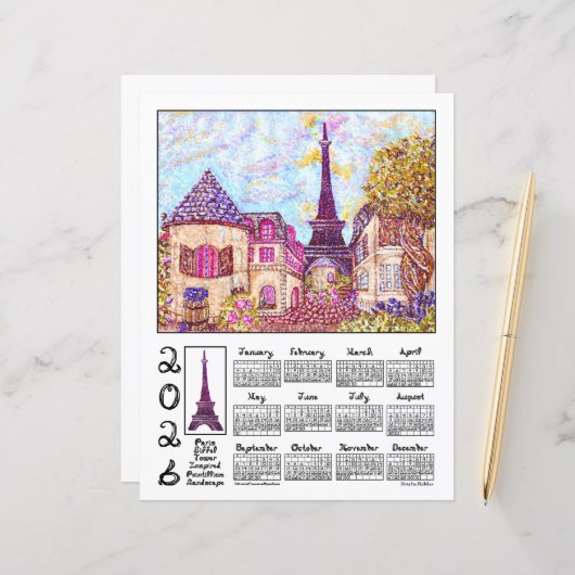 Paris Eiffel Pointillism Landscape 2026 Calendar (正面/裏面インサイチュ)