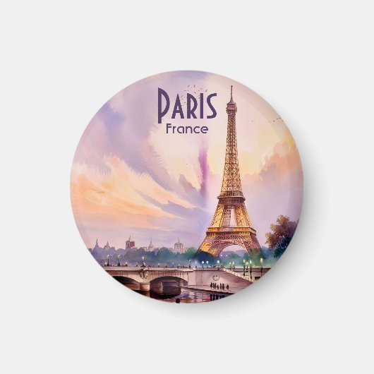 Paris Eiffel Tower France Sunset Watercolor Travel マグネット (正面)