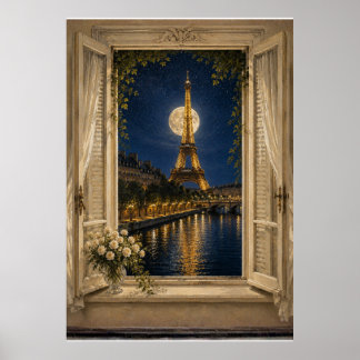 Paris Eiffel Tower Full Moon Night Oil Painting ポスター