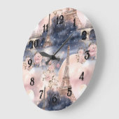 Paris Eiffel Tower Pink Blue Floral ラージ壁時計 (傾斜)