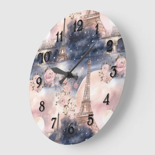 Paris Eiffel Tower Pink Blue Floral ラージ壁時計 (傾斜)