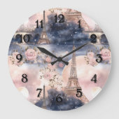 Paris Eiffel Tower Pink Blue Floral ラージ壁時計 (正面)