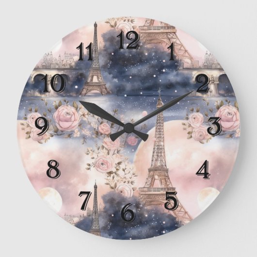 Paris Eiffel Tower Pink Blue Floral ラージ壁時計 (正面)