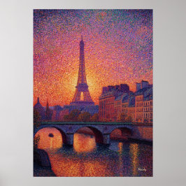 Paris Eiffel Tower Pointillism Sunset Cityscape Ar ポスター