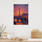 Paris Eiffel Tower Pointillism Sunset Cityscape Ar ポスター (キッチン)