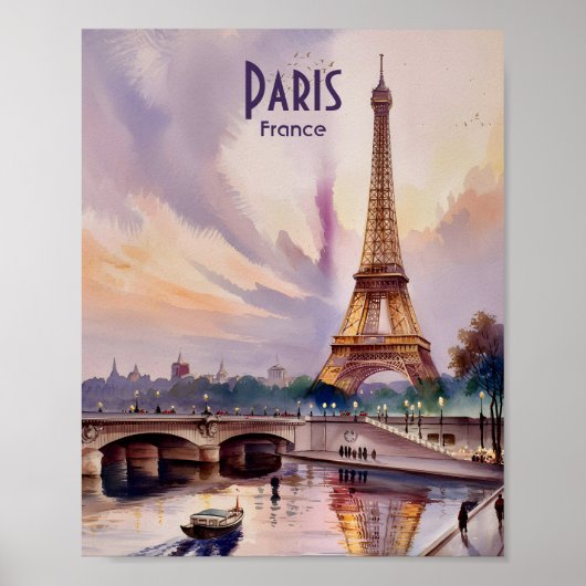 Paris Eiffel Tower Seine River Sunset Watercolor ポスター (正面)