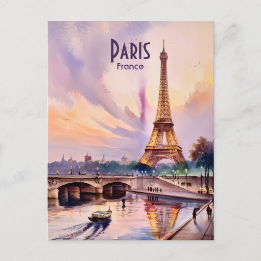 Paris Eiffel Tower Travel Watercolor Custom Text ポストカード (正面)