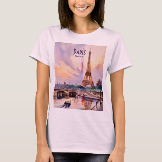 Paris Eiffel Tower Travel Watercolor Custom Text Tシャツ (正面)