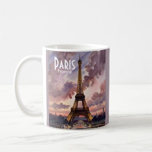 Paris Eiffel Tower Twilight Watercolor Custom Text コーヒーマグカップ (左)