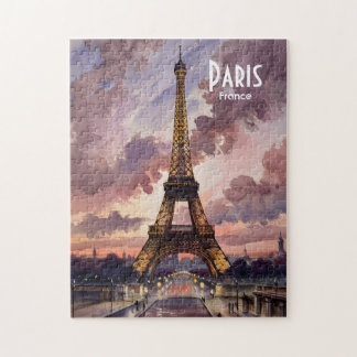 Paris Eiffel Tower Twilight Watercolor Custom Text ジグソーパズル