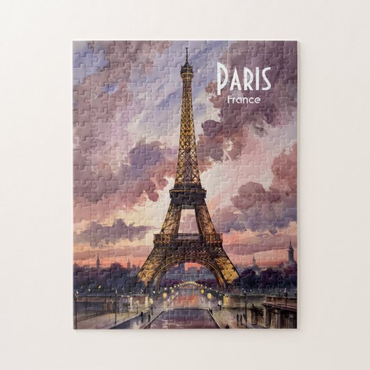 Paris Eiffel Tower Twilight Watercolor Custom Text ジグソーパズル (縦)