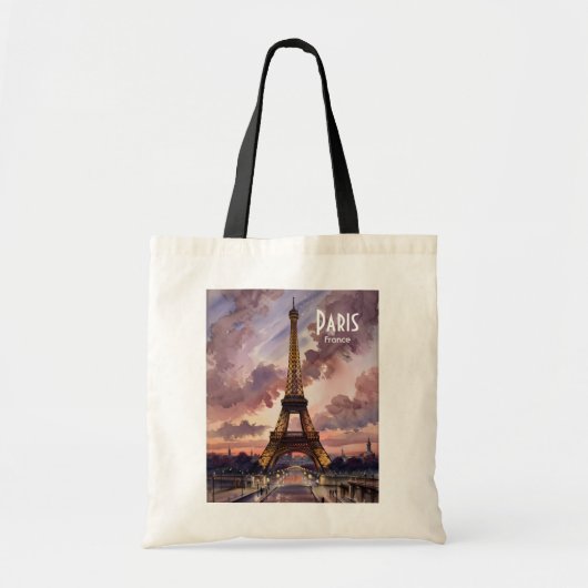 Paris Eiffel Tower Twilight Watercolor Custom Text トートバッグ (正面)