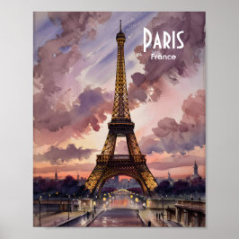 Paris Eiffel Tower Twilight Watercolor Custom Text ポスター