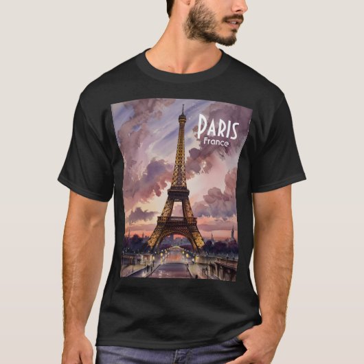 Paris Eiffel Tower Twilight Watercolor Custom Text Tシャツ (正面)