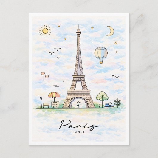 Paris Eiffel Tower Watercolor | France シーズンポストカード (正面)
