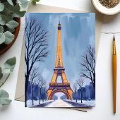 Paris Eiffel Tower Winter Snow Watercolor Card