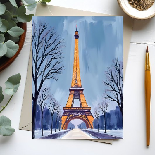 Paris Eiffel Tower Winter Snow Watercolor Card