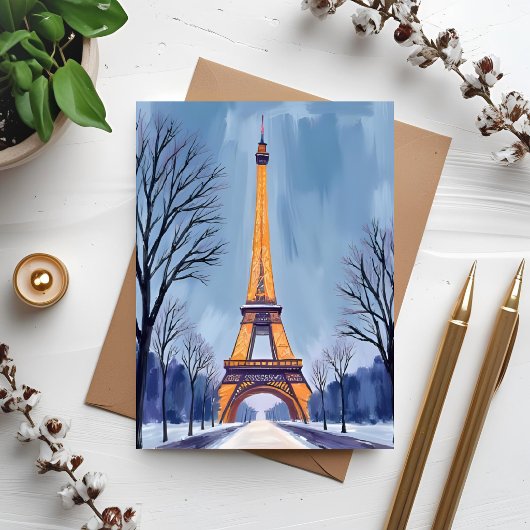 Paris Eiffel Tower Winter Snow Watercolor Card