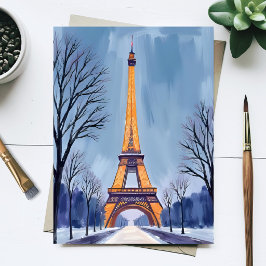 Paris Eiffel Tower Winter Snow Watercolor Painting ポストカード