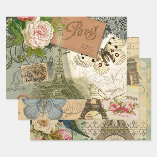 Paris France Antique Artwork Collage Eiffel French ラッピングペーパーシート (セット)