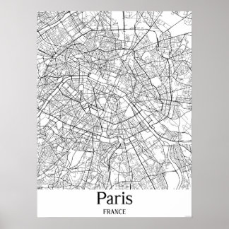 Paris France Black and White City Map Poster ポスター