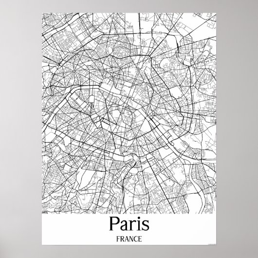 Paris France Black and White City Map Poster ポスター (正面)