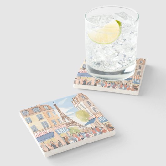 Paris France Eiffel Tower Watercolor ストーンコースター (横)