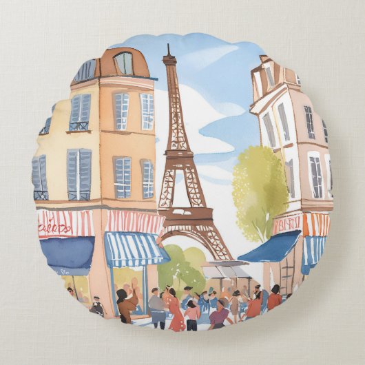 Paris France Eiffel Tower | Watercolor French ラウンドクッション (正面)