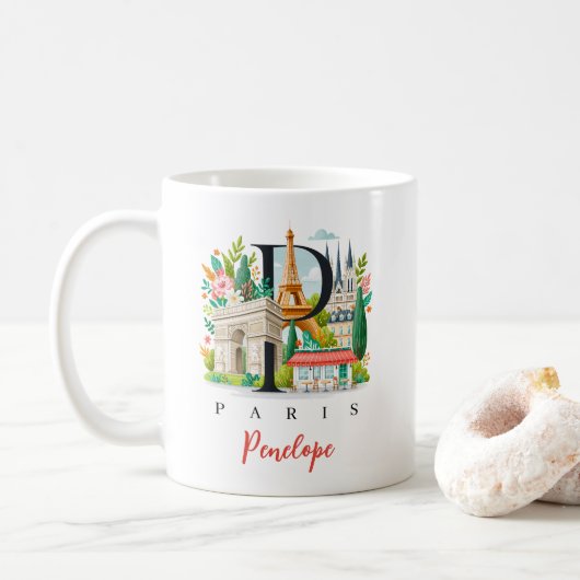 Paris France Monogram Letter P Personalized Gift コーヒーマグカップ (ドーナツ)