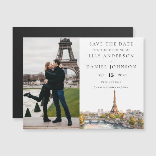 Paris France Photo Wedding Save The Date マグネット招待状 (正面/裏面)