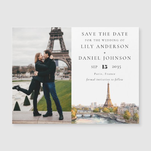 Paris France Photo Wedding Save The Date マグネット招待状 (正面)